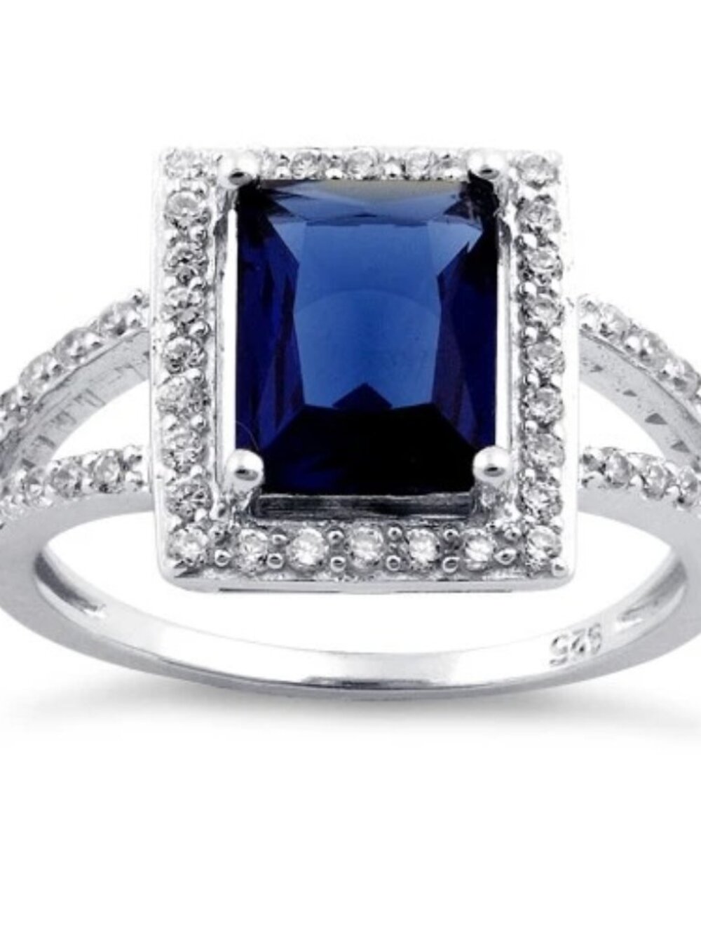 Sterling Silver Blue Sapphire Ring Rectangular Halo CZ Statement Ring